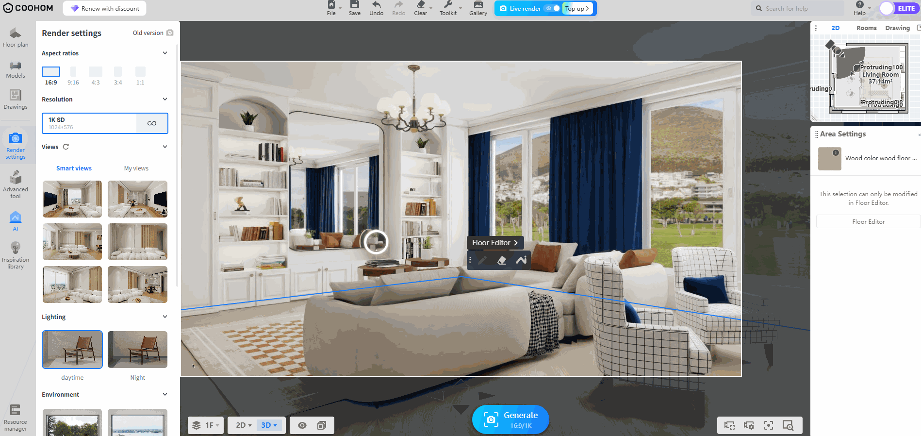 **Module:** Render Settings > Viewport / Floor Editor

**Targeted Objects:**
1. **"Floor Editor" button/tooltip:** Located in the center of the 3D viewport.
2. **Floor Editing Toolbar:** The floating panel containing the brush, paint bucket, and line tools.

**Workflow Action:**
The user clicks the "Floor Editor" trigger to activate the floor modification toolbar, which is used to paint materials or define specific floor areas within the 3D scene.