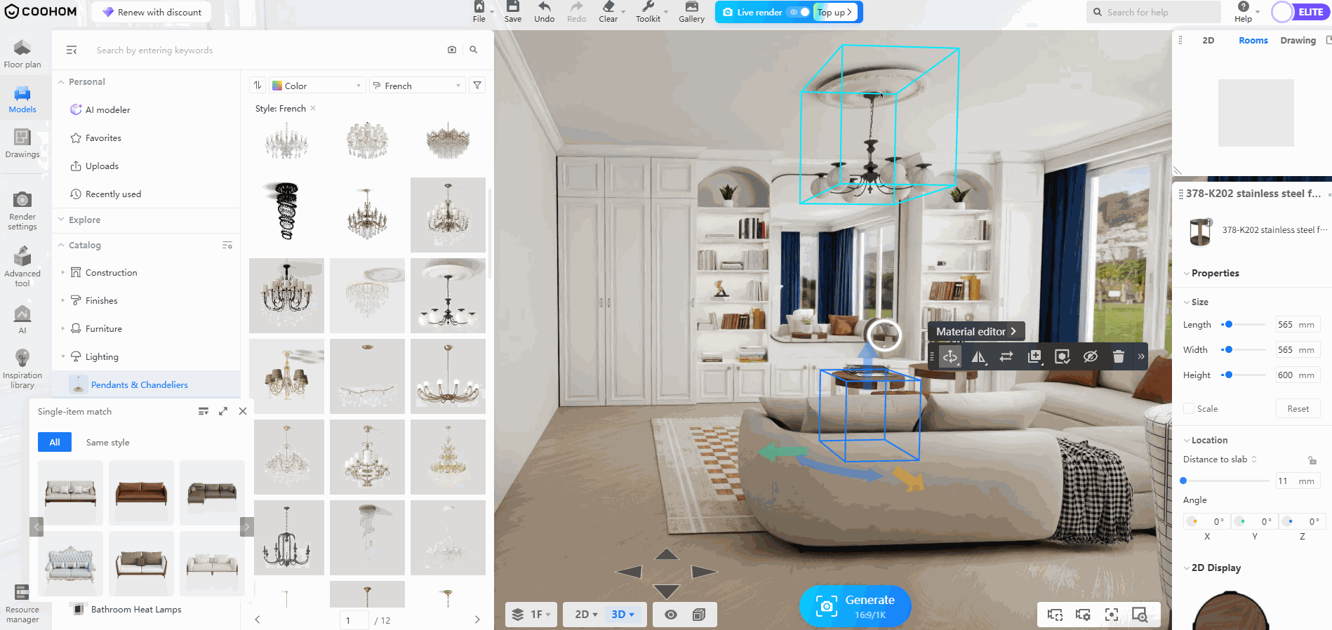 **Module:** 3D Editor > Model Replacement

**Workflow:**
1. **Initiate Replacement:** Select a model in the 3D viewport and click the **"Replace" button** in the floating toolbar to open the "Replace Model" panel.
2. **Select New Model:** In the **"Replace Model > Public library"** panel, browse and click on a **specific model thumbnail** (e.g., a different chandelier style) to select it.
3. **Apply Change:** The selected model is automatically updated in the 3D scene, replacing the original object while maintaining its position.