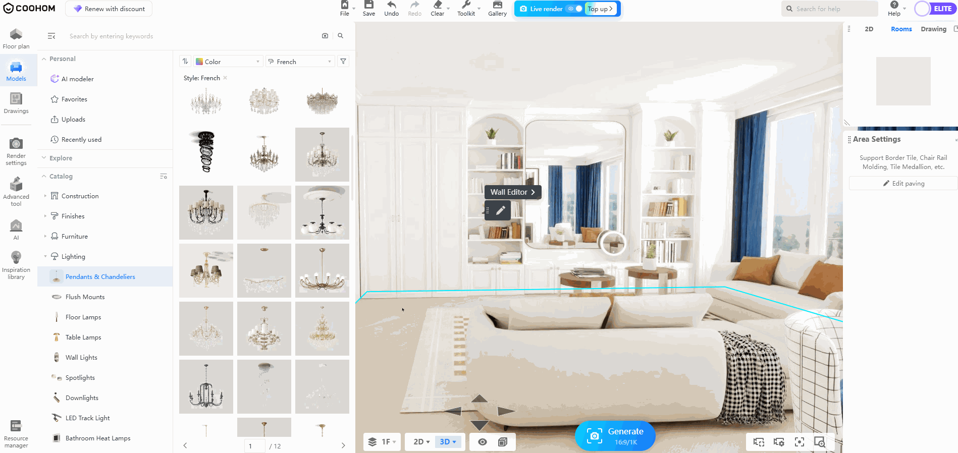 **Module:** Models > Lighting > Pendants & Chandeliers

**Workflow Description:**
1. **Selection:** In the "Models" library, navigate to "Lighting > Pendants & Chandeliers" and select a chandelier model to add it to the 3D scene.
2. **Positioning:** Use the blue 3D bounding box and directional arrows (blue/green/yellow) to move the chandelier. Specifically, the blue downward arrow is used to adjust the vertical height of the fixture.
3. **Refinement:** Once placed, the "Material editor" floating panel and the right-side "Properties" panel (Size and Location) can be used to precisely calibrate the object's dimensions and distance to the slab.
4. **Matching:** The "Single-item match" pop-up panel allows users to find and swap for similar style lighting fixtures to maintain design consistency.