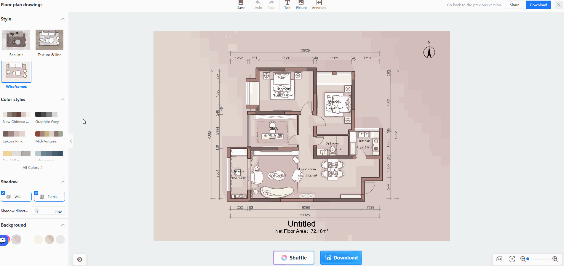 **Module:** Floor plan drawings > Color styles

**Workflow:**
1. In the "Color styles" panel, click the **"All Colors >"** button to open the full color palette library.
2. Browse the "All Colors" list and select a specific color scheme (e.g., **"Light gray blue"**).
3. The system provides a real-time preview of the selected scheme on a thumbnail and applies the color palette to the main floor plan area to update the overall visual style.