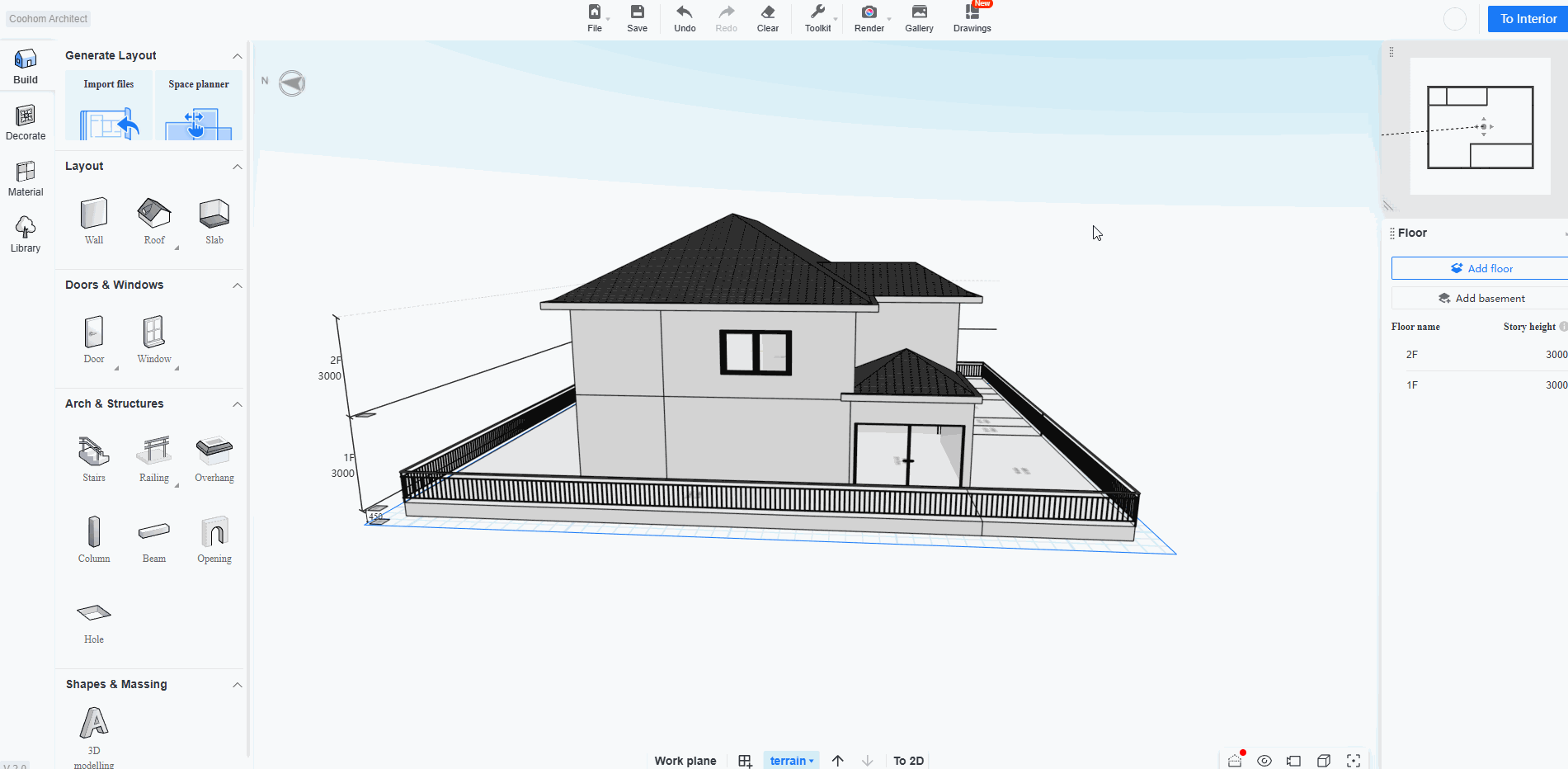 This operation process is located in the "Building Modeling > Floor Management" module, and is designed to demonstrate how to adjust the building floor height.

The specific steps are as follows:
1. In the 3D view interface, locate the floor height annotation area on the left side of the building.
2. Click and select the "Story height" numerical input box for the "2F" floor (shown as 3000 in the figure).
3. Change the value to "4000" and confirm.
4. At this point, the floor height in the "Floor" panel on the right will be updated synchronously to 4000, and the height of the second floor in the 3D model will increase in real time.