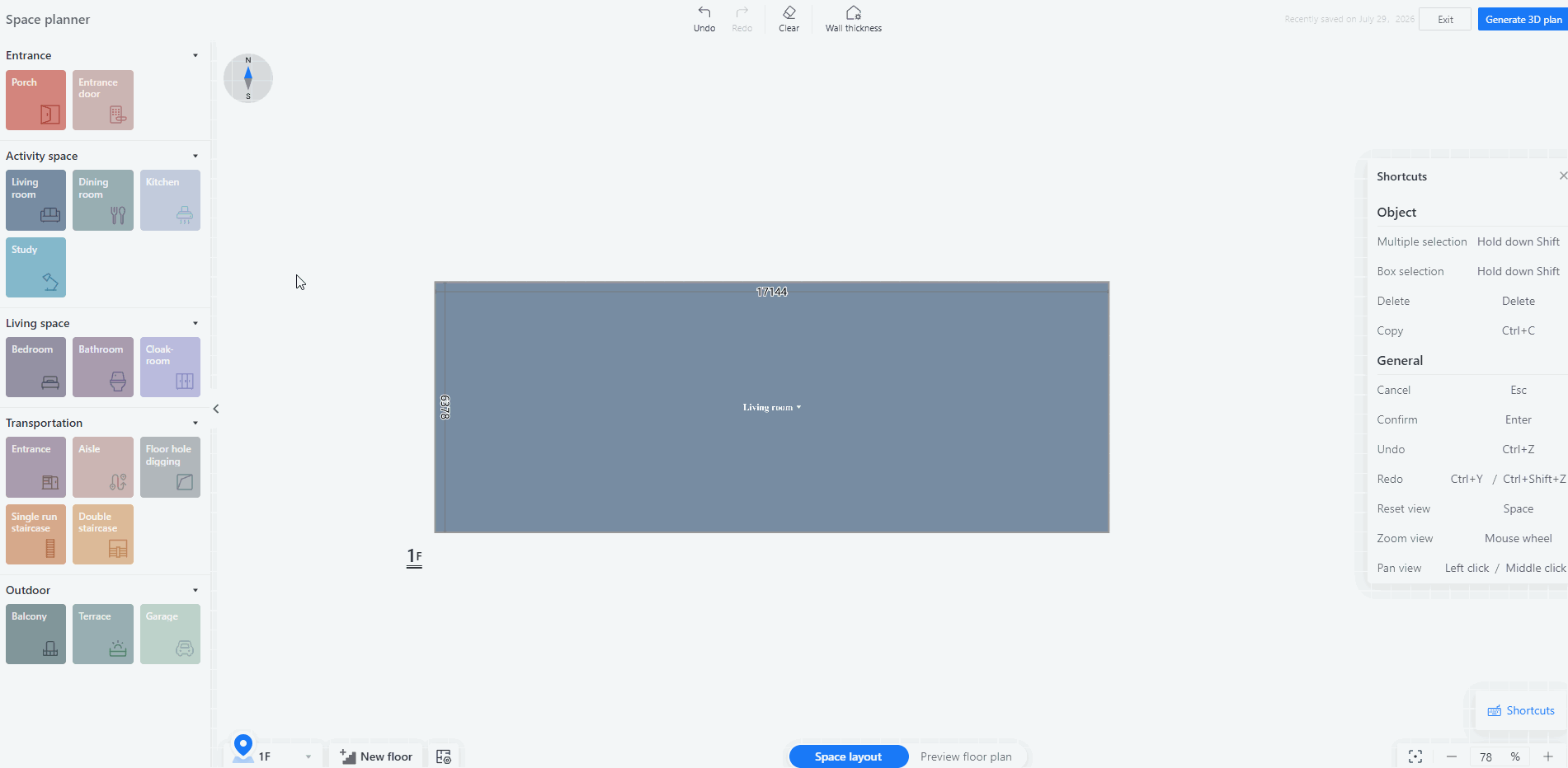 界面名称：Space planner > 空间布局画布

操作流程描述：
1. **添加并调整空间**：在左侧“Living space”面板选择“Bathroom”并拖入画布，通过拖拽空间边缘的控制点调整其尺寸（如 1500x2700），使其与“Living room”相邻。
2. **空间管理**：选中空间后，可通过弹出的快捷菜单中的“Copy”或“Delete”按钮进行复制或删除操作。
3. **快速布局**：在左侧“Activity space”面板选择“Kitchen”，将其拖拽至“Living room”右侧，通过调整尺寸完成厨房区域的划分。

该流程用于在平面图中快速规划并精确定义不同功能房间的布局与尺寸。