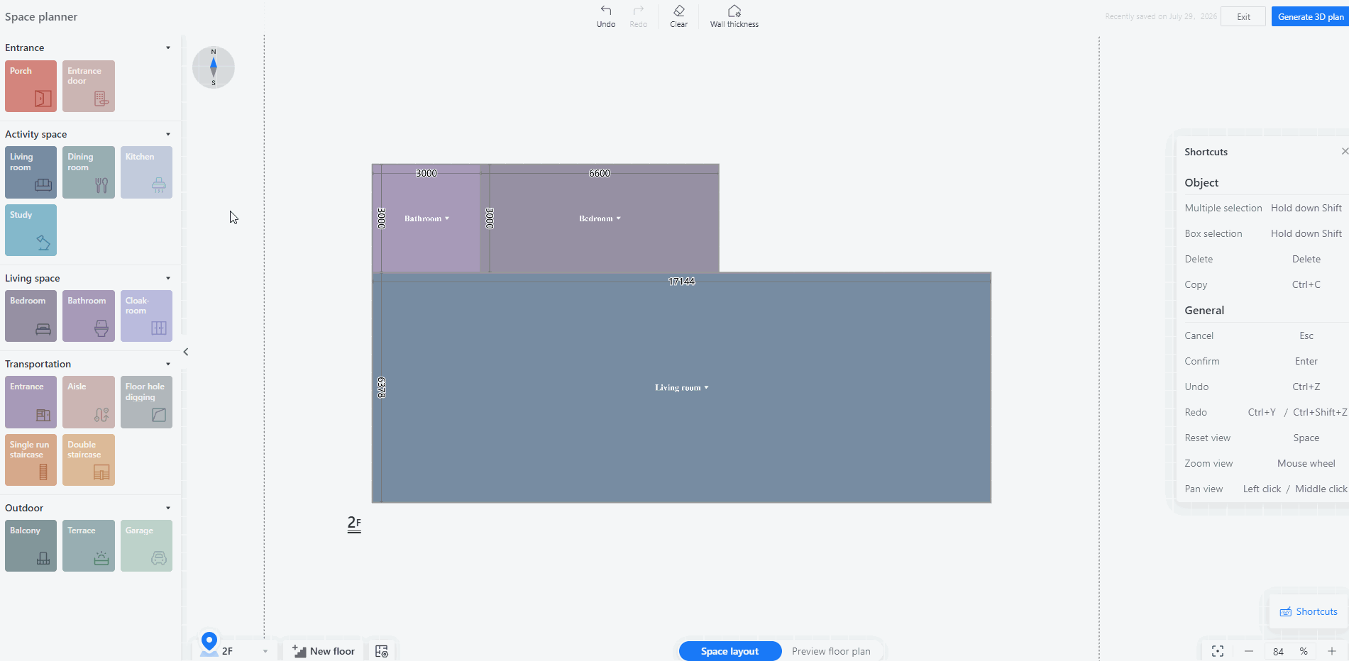 Interface or feature module: Space planner > Space layout canvas

Operation process:
1. In the "Activity space" panel on the left, select the "Study" room type.
2. Click and drag on a blank area of the canvas to create and define the initial dimensions of the "Study" room.
3. Drag the control points on the edges of the room to adjust its width and height, aligning it with adjacent spaces.
4. After selecting the room, you can choose "Copy" or "Delete" from the pop-up quick menu to duplicate or delete the space.

Purpose: Used to quickly create, adjust dimensions, and manage functional rooms in the floor plan.