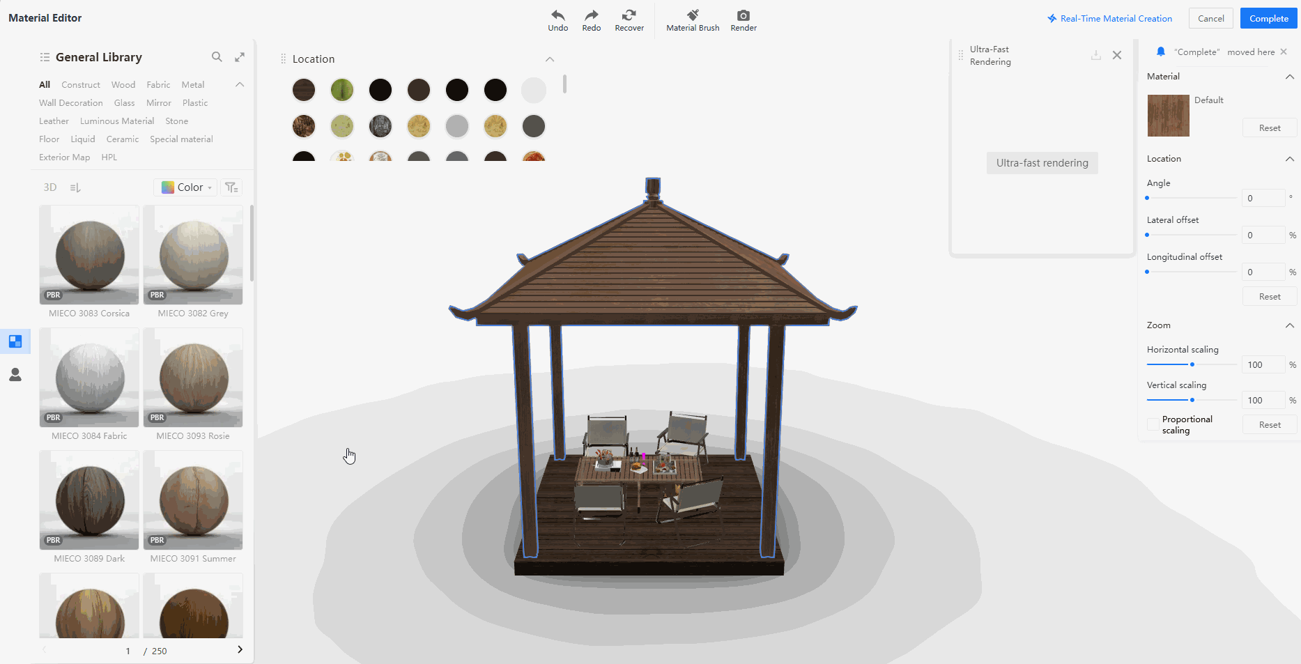 界面名称：Material Editor（材质编辑器） > General Library（通用库）

操作流程：
1. 在左侧“General Library”面板中，点击选择“MIECO 3091 Summer”材质球，将其设为当前激活材质。
2. 在中央预览区域，点击亭子的“屋顶”模型部件，将其选定为材质应用目标。
3. 此时屋顶颜色发生变化，确认材质已实时应用至选定部件。
4. 在右侧属性面板的“Zoom”区域，通过调整“Horizontal scaling”等滑块，对材质的缩放比例进行微调，以优化视觉效果。