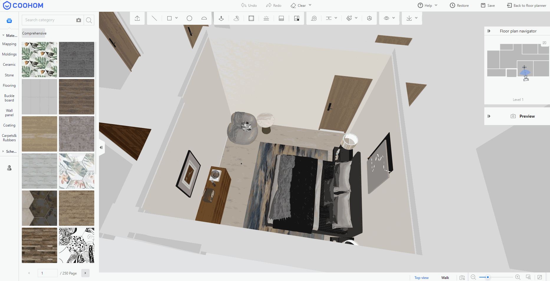 This procedure is in the Floor Editor module and is used to change the flooring material in a room.

Steps:
1. In the editor, click the floor area you want to modify.
2. On the floating toolbar that appears, click Edit paving to enter material editing mode.
3. In the material library panel on the left, browse and select the flooring material you want (such as wood flooring or tile).
4. Once selected, the material is applied to the floor area in real time, updating the paving.