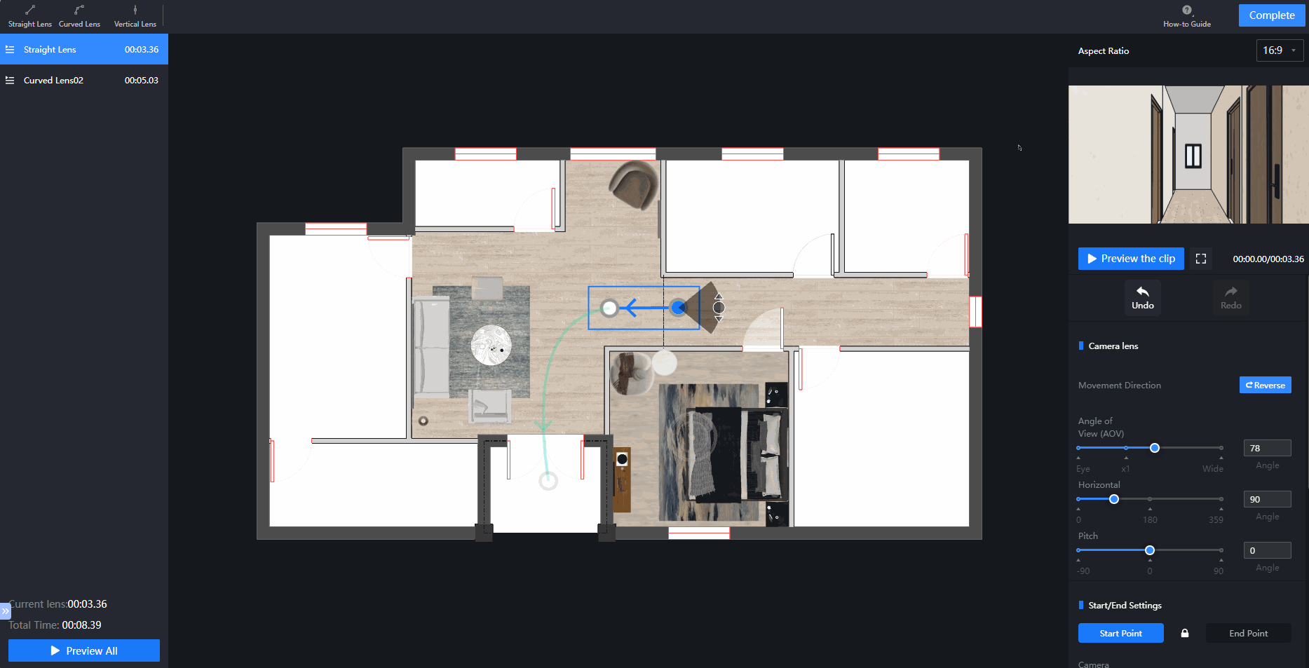 This workflow covers the "Video Maker > Render & Export" process:

1. **Edit the path**: On the floor plan editor, drag the blue arrows to adjust the camera movement path and direction, defining the video's shooting trajectory.
2. **Start rendering**: At the bottom of the preview interface, click the "Render video" button to enter the video rendering flow.
3. **Configure checkout**: In the "Checkout" panel that appears, select and confirm the "Fast video rendering coupon."
4. **Run the render**: Click the "To render" button in the lower-right corner of the panel to officially start the video rendering task.