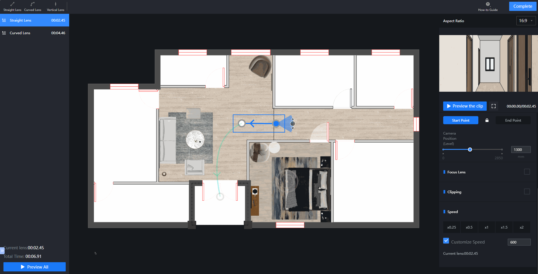 This workflow is in the **Video Editor > Camera Path Planning** module. Follow the steps below:

1. **Set the path**: In the floor plan area, drag the camera from the starting point to the target position in the direction indicated by the blue arrow to define the camera's movement trajectory.
2. **Preview in real time**: In the preview window on the right or in full-screen mode, drag the timeline slider at the bottom to view the interior shots captured by the camera at different time points (e.g., from 00:00.91 to 00:04.50).
3. **Finish**: After confirming the path and the preview, click the **Complete** button in the upper-right corner to create the current camera shot.