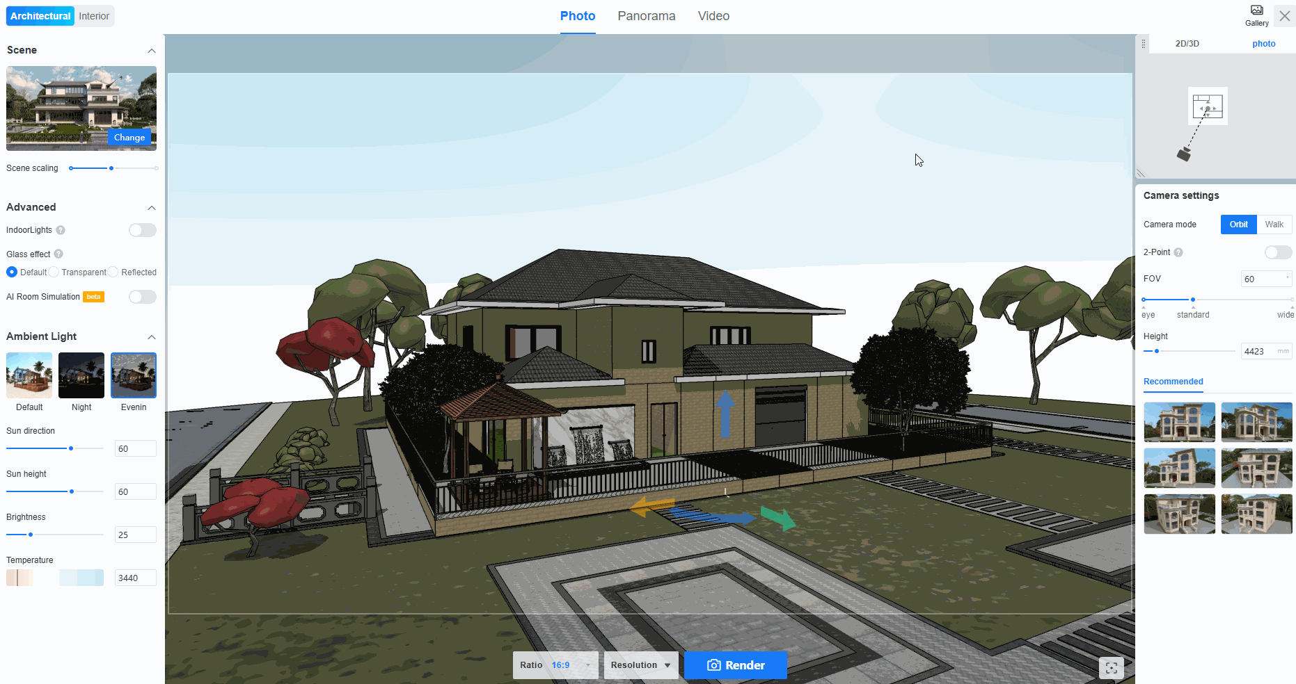 界面名称：渲染编辑器 > 3D 预览区

操作流程：
1. 在 3D 预览区中心，通过蓝色、黄色、绿色箭头指示的坐标轴操纵杆，沿 X/Y/Z 轴拖动以调整相机位置。
2. 在右上角“2D/3D”视图面板中，通过拖动蓝色相机图标来实时同步调整视角。
3. 结合上述操作，用户可精确控制相机在场景中的空间位置与观察角度，为最终点击底部的“Render”按钮进行渲染做准备。