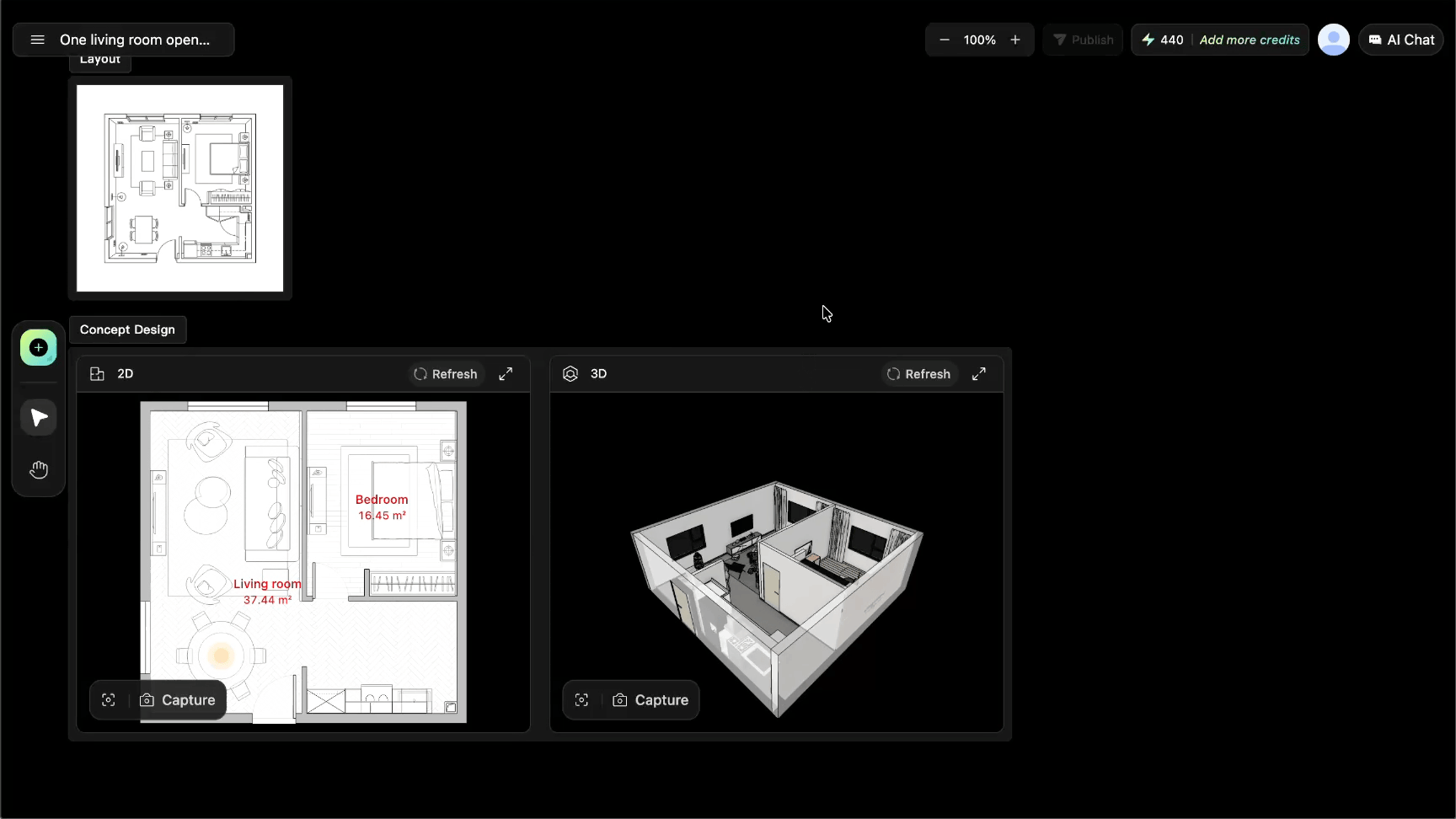 Living room layout in 3D view