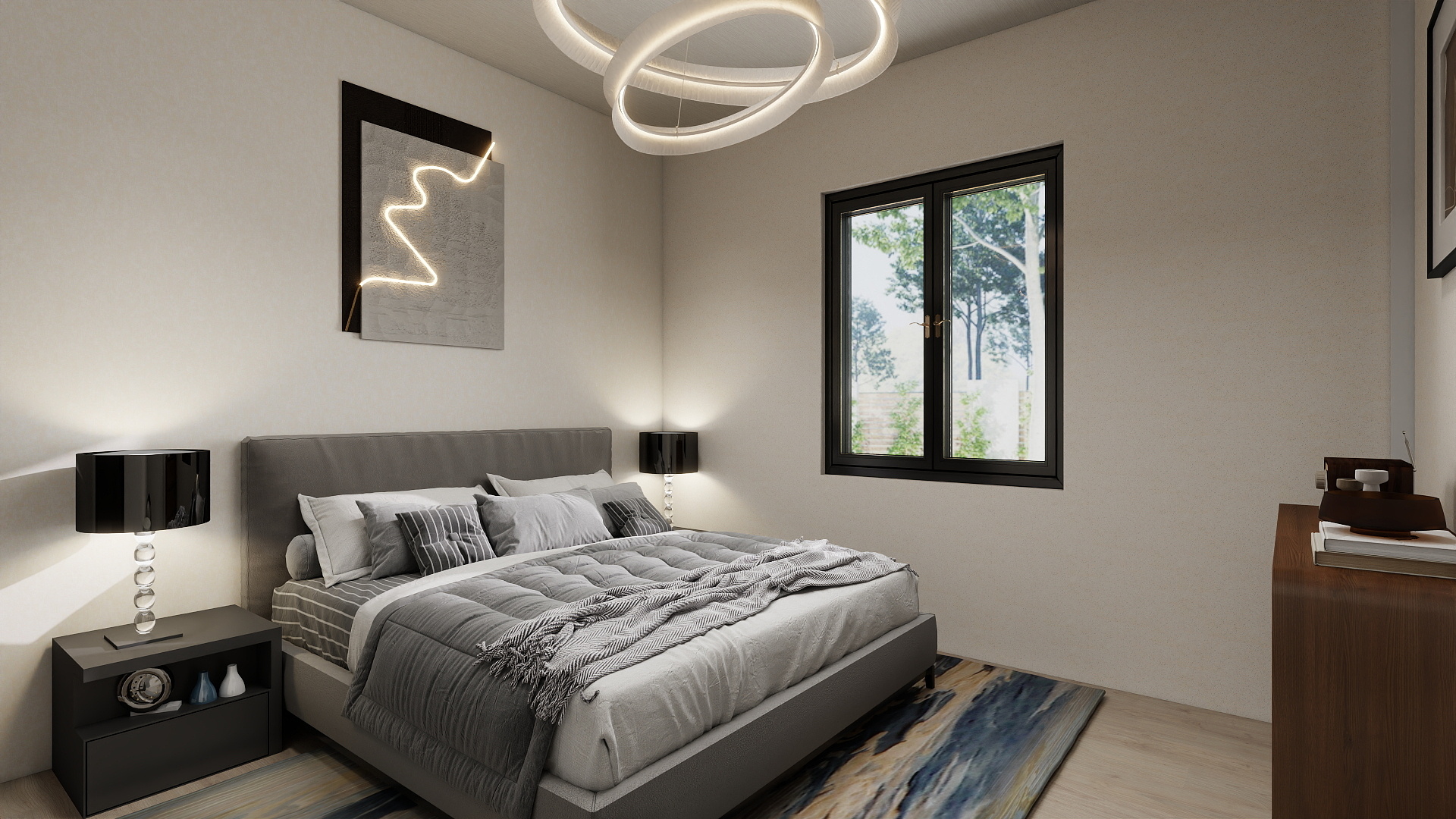The image is a bedroom interior rendering with no red, yellow, or blue instructional markers (such as arrows, boxes, circles, or numbered callouts). Therefore, no specific interface modules, interactive elements, or their roles in the workflow can be identified.