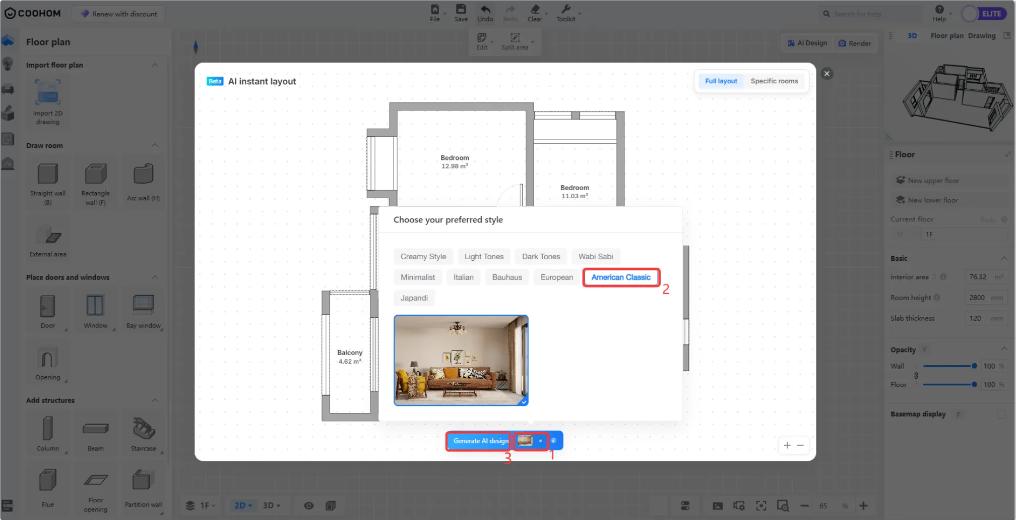 AI Smart Layout room and style selection in Coohom