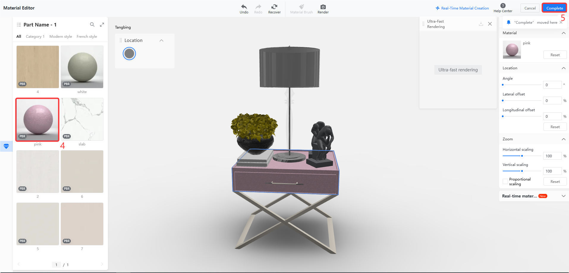 **Module:** Material Editor > Material Selection & Finalization

**Annotations:**
1. **Red Box (Left Panel):** Points to the "pink" material thumbnail. Used to select a specific material to apply to the object.
2. **Blue Box (Center Viewport):** Highlights the applied material area on the 3D model. Used to visualize the real-time effect of the selected material.
3. **Red Box (Top Right):** Points to the "Complete" button. Used to finalize the material editing process and save changes.

**Workflow:**
The user selects a material (pink) $\rightarrow$ previews the application on the model $\rightarrow$ clicks "Complete" to finish.