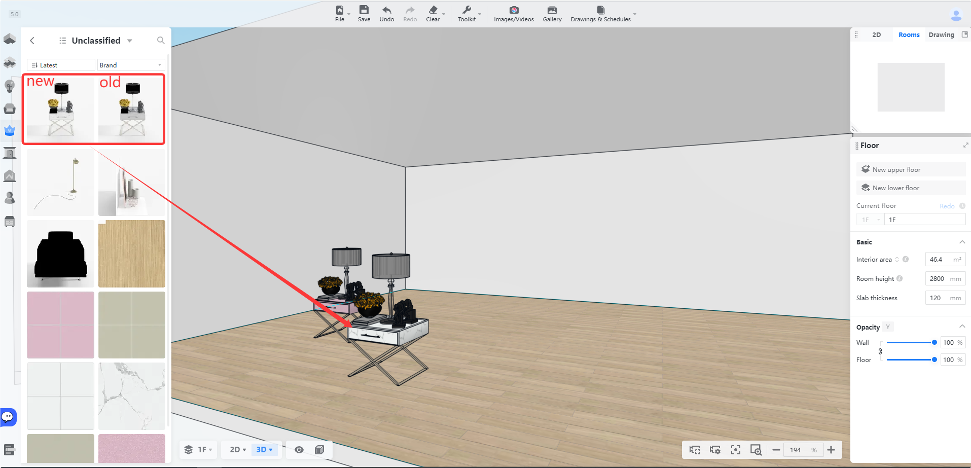 **Module:** Asset Library > Unclassified Category

**Annotated Objects:**
1. **Red Box:** Highlights the "new" and "old" versions of a furniture asset (side table with lamp) within the asset gallery.
2. **Red Arrow:** Points from the "new" asset thumbnail in the library to the corresponding 3D model placed in the scene.

**Workflow Purpose:** Used to demonstrate the visual difference or update between the old version and the new version of a specific asset when placed in the 3D environment.