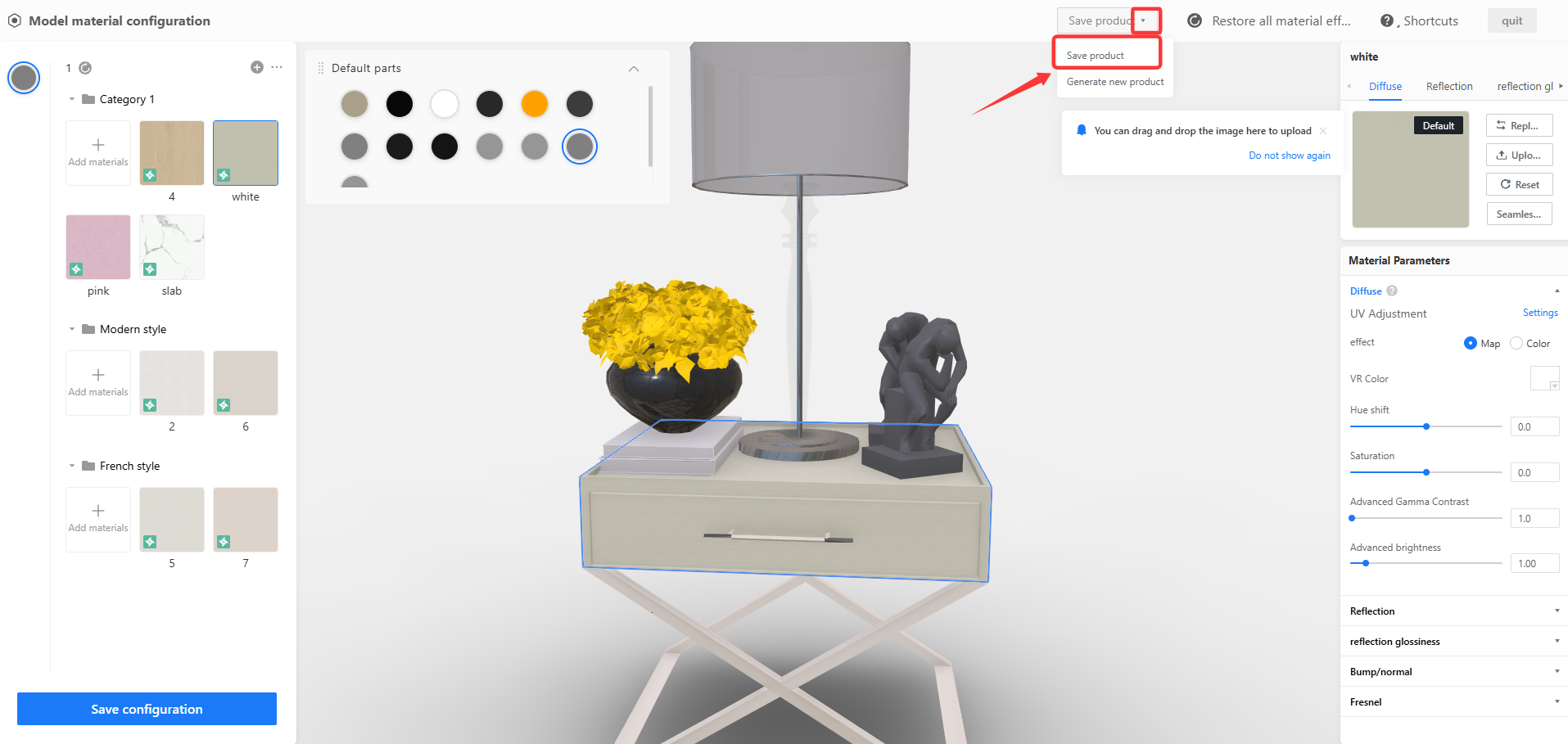 **Module:** Model material configuration > Top Navigation Bar

**Target Object:** 'Save product' option within the dropdown menu.

**Action/Purpose:** Used to save the current product material settings to the system.