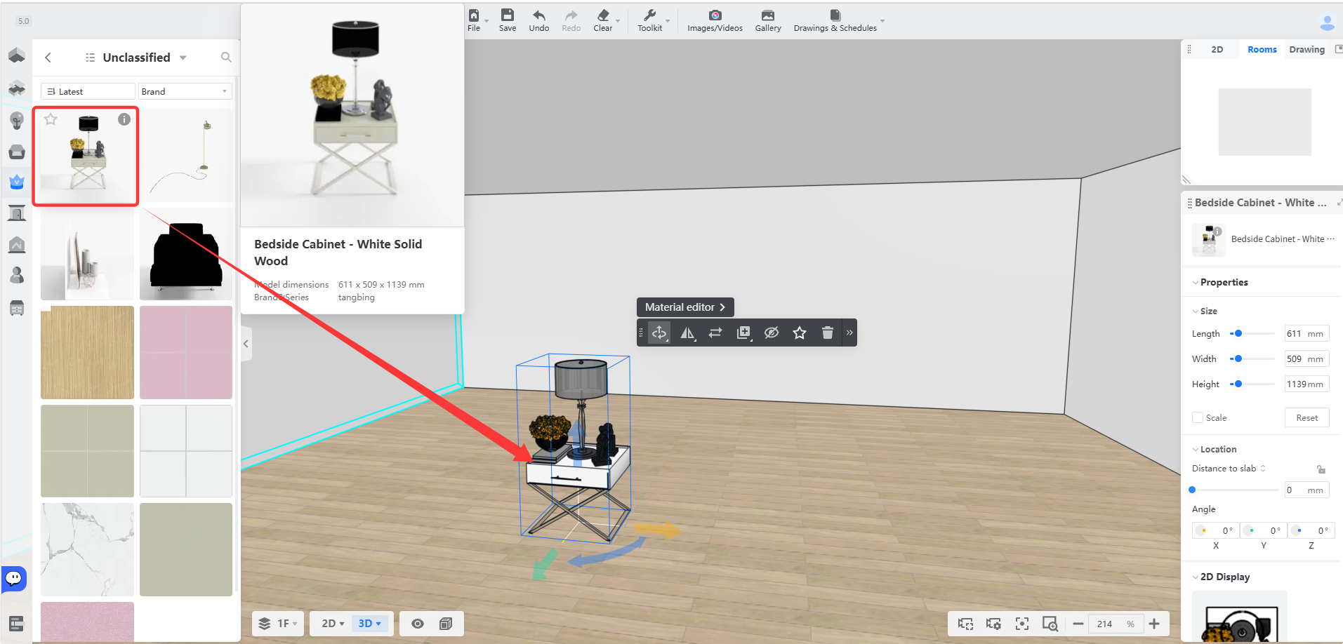 **Module:** Asset Library > 3D Scene

**Annotations:**
1. **Red Box:** Highlights a specific furniture item (Bedside Cabinet) within the "Unclassified" asset library list.
2. **Red Arrow:** Points from the selected asset in the library to the corresponding 3D model placed within the scene.

**Workflow Purpose:** Demonstrates the process of selecting a furniture asset from the library to place and visualize it within the 3D design environment.