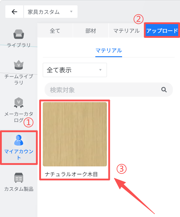 1. 機能モジュール：家具カスタム > ライブラリ（マテリアル）
2. 标注内容：
①「マイアカウント」ボタン：ユーザーアカウント設定へのアクセスに使用。
②「アップロード」ボタン：新しいマテリアルデータをシステムにアップロードするために使用。
③「ナチュラルオーク木目」アイテム（枠線および矢印）：ライブラリ内の特定のマテリアルを選択し、適用するために使用。