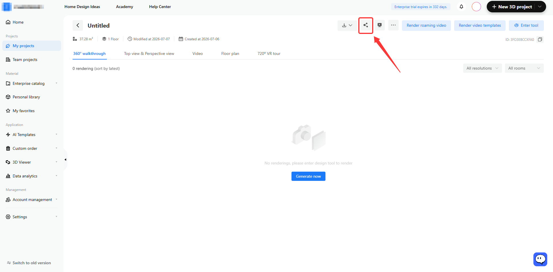 **Module:** Project Details > Top Toolbar

**Target Object:** 'Share' button (indicated by the red box and arrow)

**Function:** Used to share the current project or rendering with other users or stakeholders.