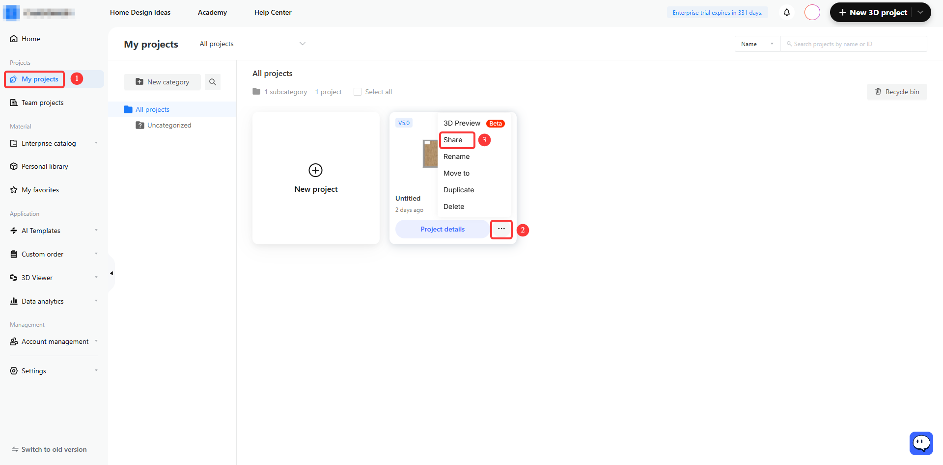 **Module:** My projects > Project List

**Workflow Steps:**
1. **"My projects" menu item:** Selects the personal project management workspace.
2. **"..." (More options) button:** Opens the context menu for a specific project card.
3. **"Share" menu item:** Used to share the selected project with other users or stakeholders.
