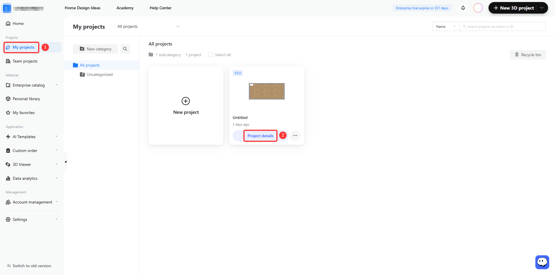 **Module:** Project Management > My projects

**Guided Steps:**
1. **"My projects" menu item:** Located in the left navigation sidebar; used to access the user's personal project list.
2. **"Project details" button:** Located within a specific project card in the project gallery; used to view or edit the detailed information of the selected project.