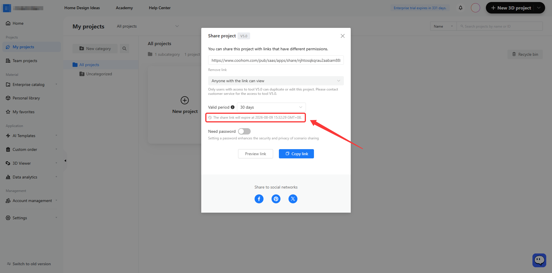 **Module:** My projects > Share project popup

**Target Object:** The "Share link expiration date" text (highlighted by the red box and arrow).

**Function:** Used to inform the user of the exact date and time when the generated sharing link will expire, based on the selected "Valid period."