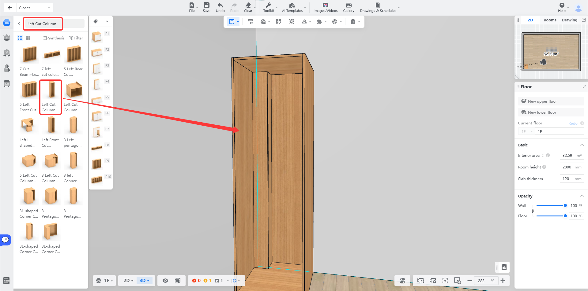 **Module:** Closet > Component Library

**Annotated Objects:**
1. **Red Box (Top):** "Left Cut Column" search/category header.
2. **Red Box (Center):** "Left Cut Column" component item.
3. **Red Arrow:** Points from the selected "Left Cut Column" component to its corresponding 3D model representation in the main viewport.

**Workflow Purpose:** Used to select a specific "Left Cut Column" component from the library and place/visualize it within the 3D design space.