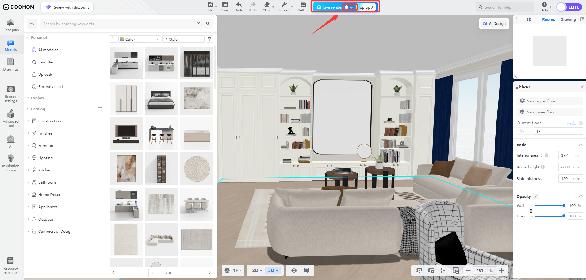 **Module:** Top Navigation Bar > Rendering Credits

**Target Object:** "Top up" button (indicated by the red box and arrow)

**Function:** Used to purchase or add more rendering credits to the account for "Live render" services.