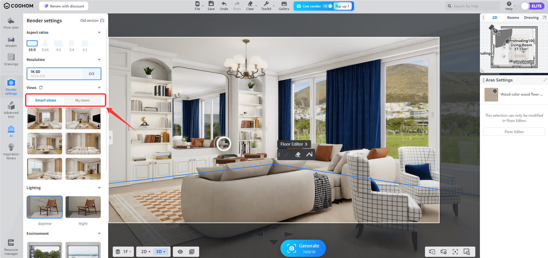 **Module:** Render settings > Views

**Target:** "Smart views" tab (indicated by the red box and arrow)

**Function:** Used to select and apply AI-generated or predefined optimal camera angles for the scene rendering.