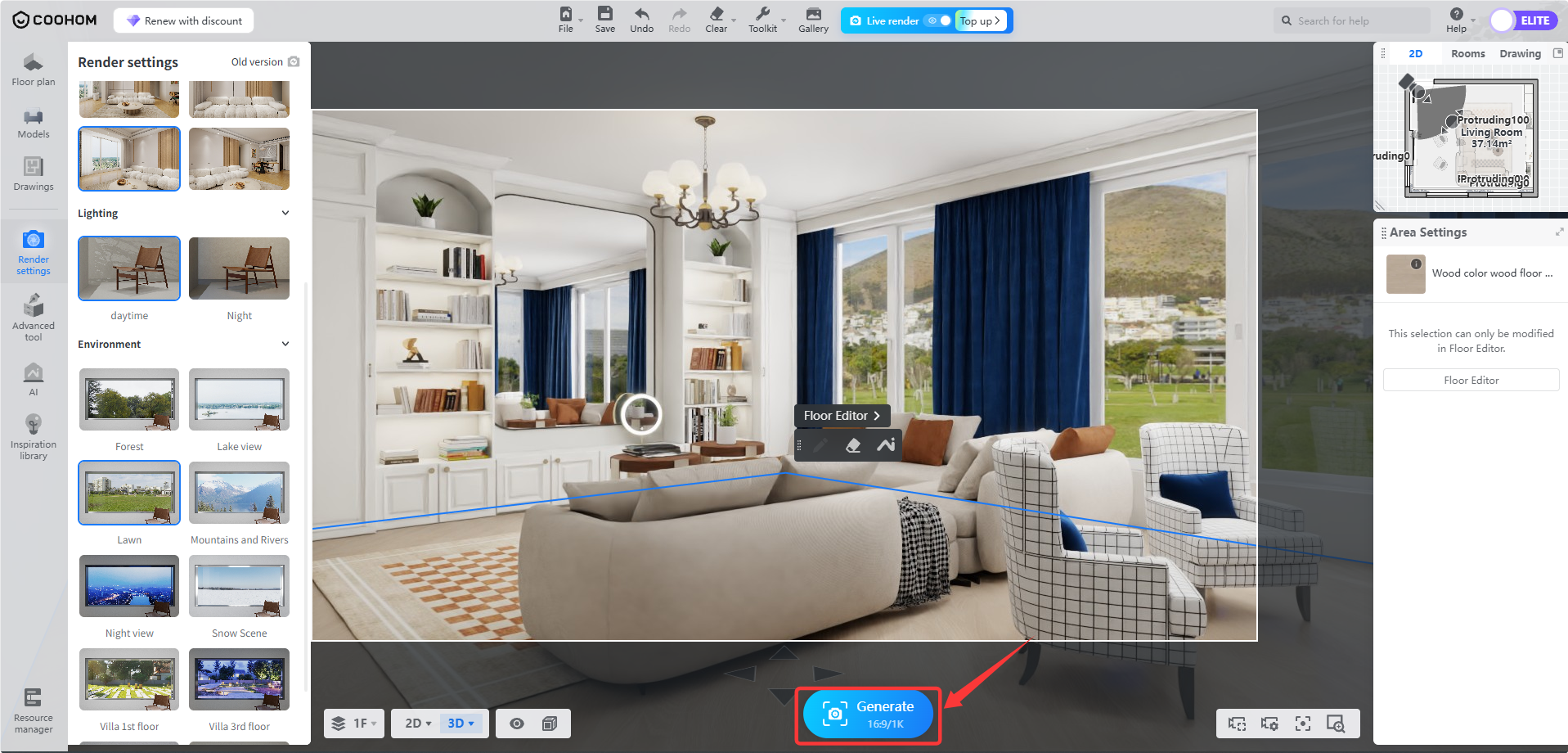 **Module:** Render Settings > Main Viewport

**Target Object:** "Generate 16:9/1K" button (indicated by the red box and arrow).

**Function:** Used to initiate the final rendering process of the current scene based on the selected settings (lighting, environment, and camera angle) to produce a high-quality image.