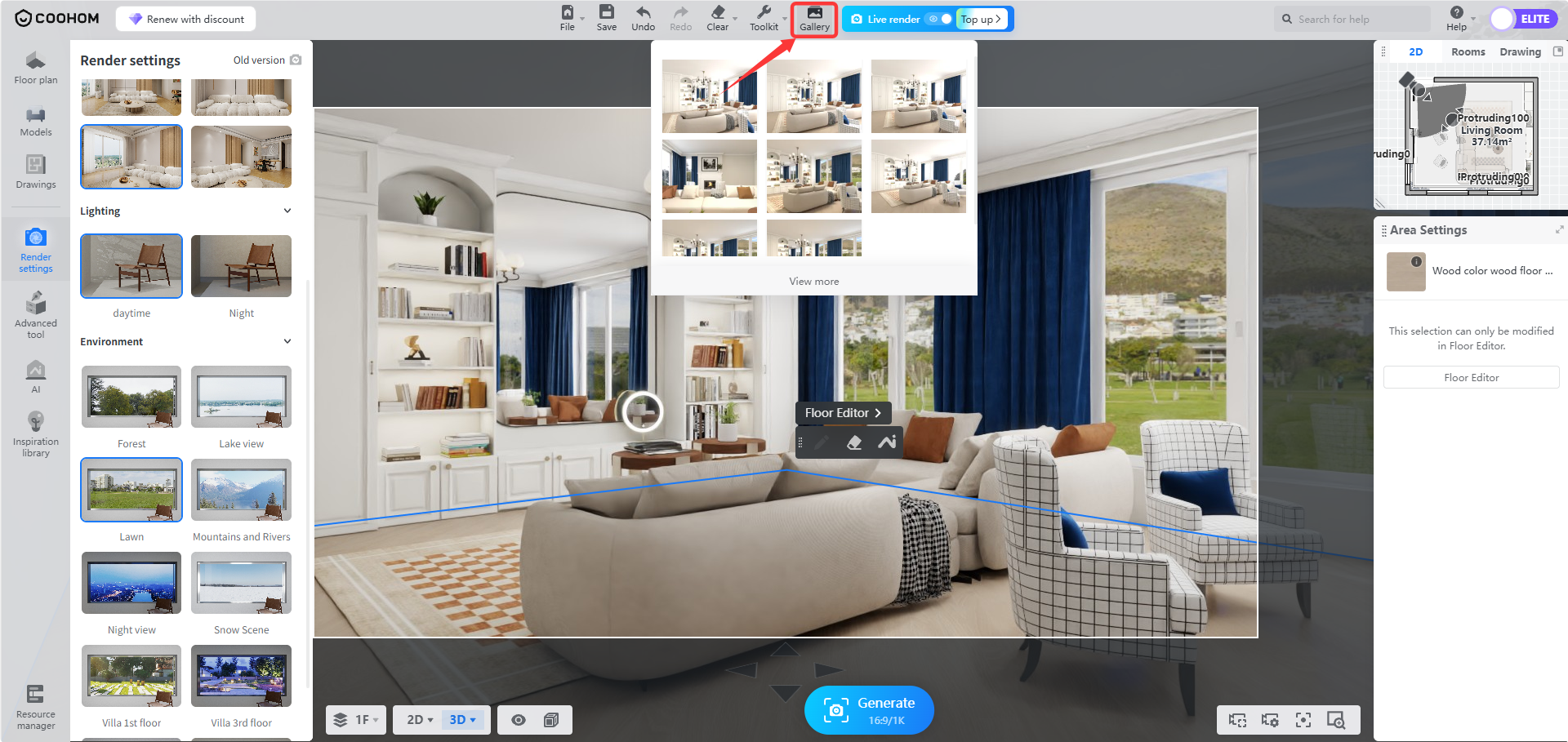 **Module:** Top Toolbar > Gallery

**Target Object:** "Gallery" button (indicated by the red arrow)

**Function:** Used to open the gallery panel to view and manage previously rendered images or saved presets.