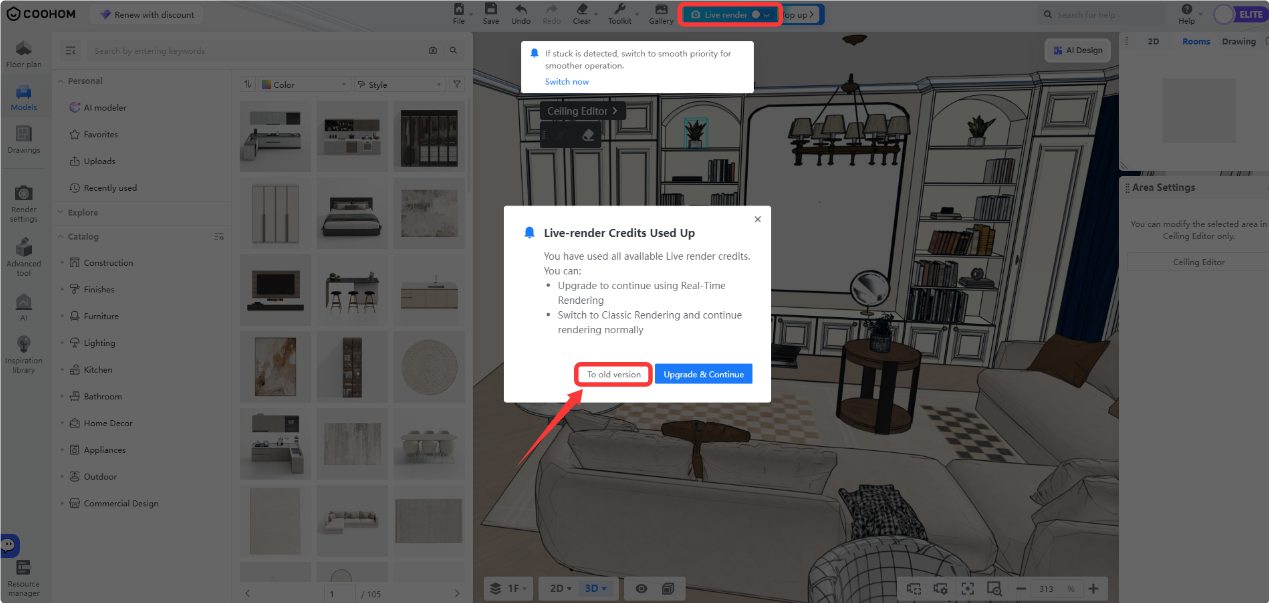 **Module:** Main Editor > Live-render Notification Pop-up

**Targeted Objects:**
1. **"Live render" button** (Red box in top toolbar): The trigger for the real-time rendering feature.
2. **"To old version" button** (Red box and arrow in pop-up): The specific action button within the "Live-render Credits Used Up" dialog.

**Workflow Purpose:**
The markings indicate the process of handling exhausted rendering credits. When the user attempts to use the "Live render" function, a notification appears; clicking "To old version" allows the user to switch to Classic Rendering to continue working without additional credits.