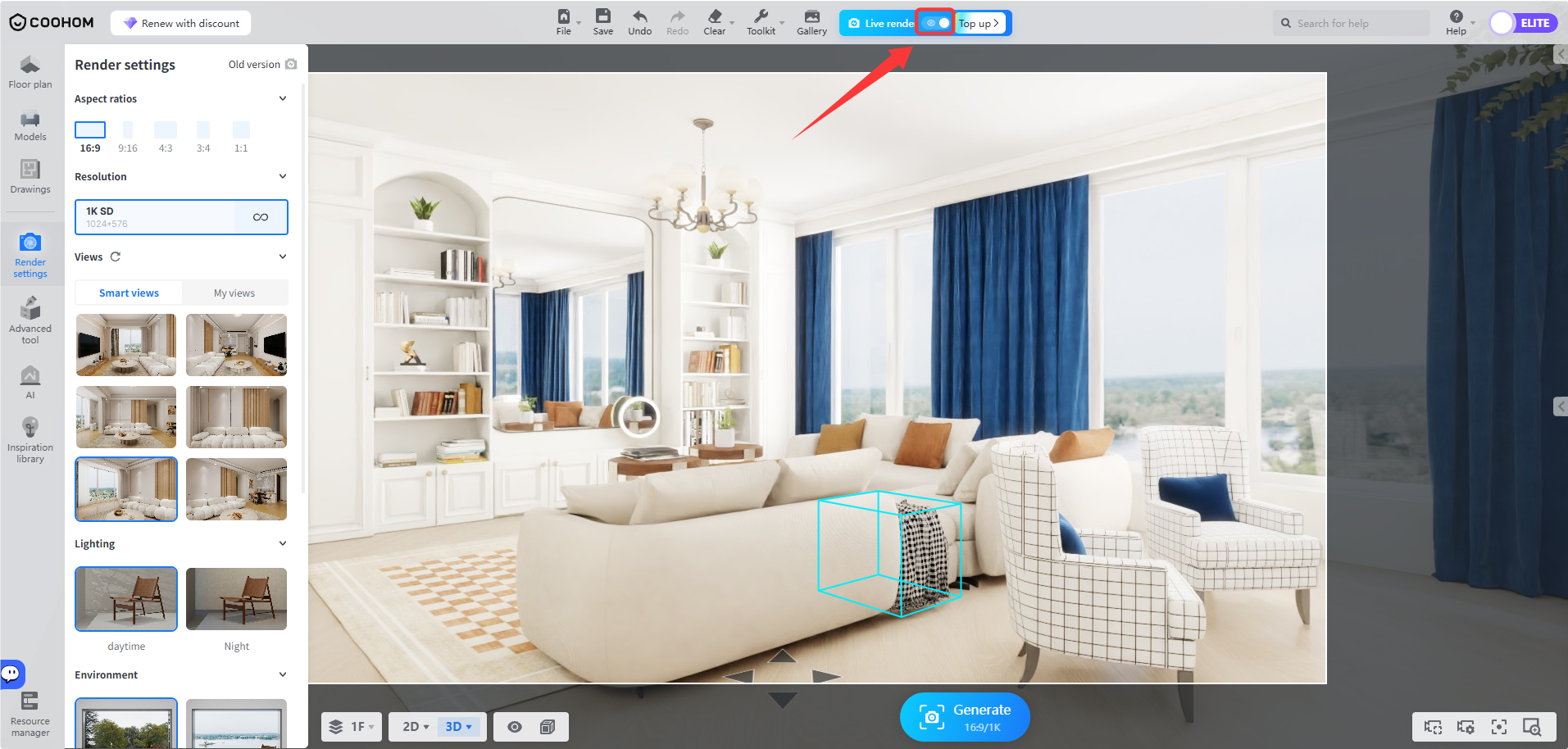 **Module:** Top Navigation Bar > Rendering Credits

**Target Object:** "Top up" button

**Function:** Used to purchase or add more rendering credits to the account to enable further image generation.