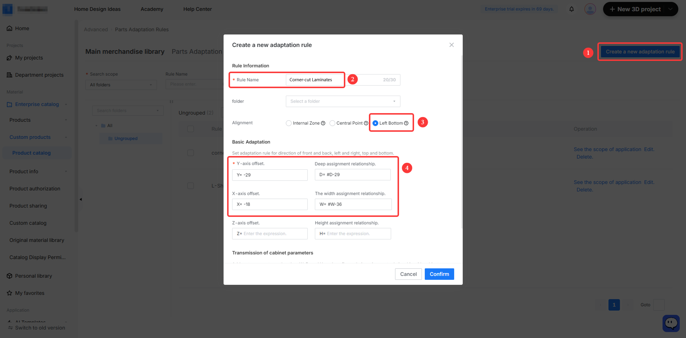 **Module:** Parts Adaptation Rules > Create a new adaptation rule dialog

**Workflow Steps:**
1. **"Create a new adaptation rule" button**: Initiates the process to add a new adaptation rule.
2. **"Rule Name" input field**: Used to specify a unique identifier for the rule (e.g., "Corner-cut Laminates").
3. **"Left Bottom" radio button**: Sets the alignment reference point for the adaptation.
4. **"Basic Adaptation" offset section**: Used to define specific X-axis and Y-axis offset values and their corresponding assignment relationships for precise part positioning.