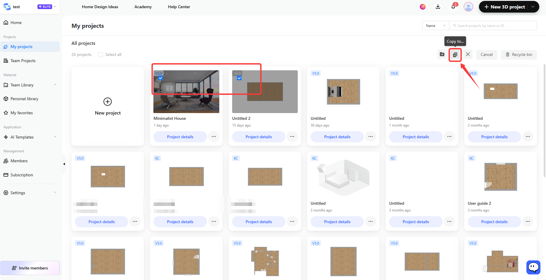 1. Interface Module: My Projects > Project List Page  
2. Annotation Points:  
- Red Box Selection Area: Two selected project cards ("Minimalist House" and "Untitled 2").  
- Red Arrow: "Copy" icon button in the top toolbar (hover displays as "Copy to...").  
3. Functionality: The user first selects the desired projects in the project list, then clicks the "Copy" button to copy the selected projects to a specified location.