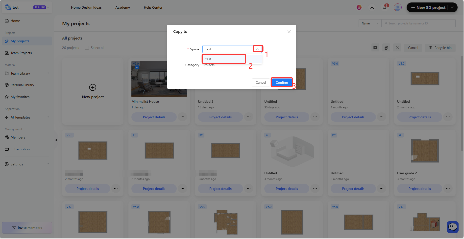 1. Interface module: My Projects > "Copy to" popup window  
2. Annotations point to:  
① "Space" dropdown menu  
② Target space input/selection field (displayed as "test")  
③ "Confirm" button  
3. Operational effect:  
Users need to first select or specify the target space (Space) via ① and ②, and finally click ③ to confirm, which is used to copy the selected project to the specified space.  