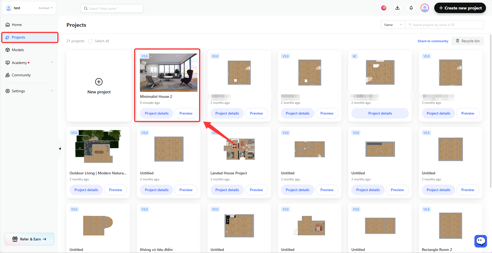 1. Interface/Functional Module: Left sidebar navigation and project management homepage (Projects).  
2. Annotation Target Objects:  
- Left red frame: Points to the "Projects" navigation menu item.  
- Right red frame and arrow: Points to the specific project card named "Minimalist House 2."  
3. Operation Purpose: Guide users to first navigate to the "Projects" project management page through the navigation bar, and then locate and select a specific project card from the list to proceed with subsequent actions (such as viewing details or previewing).