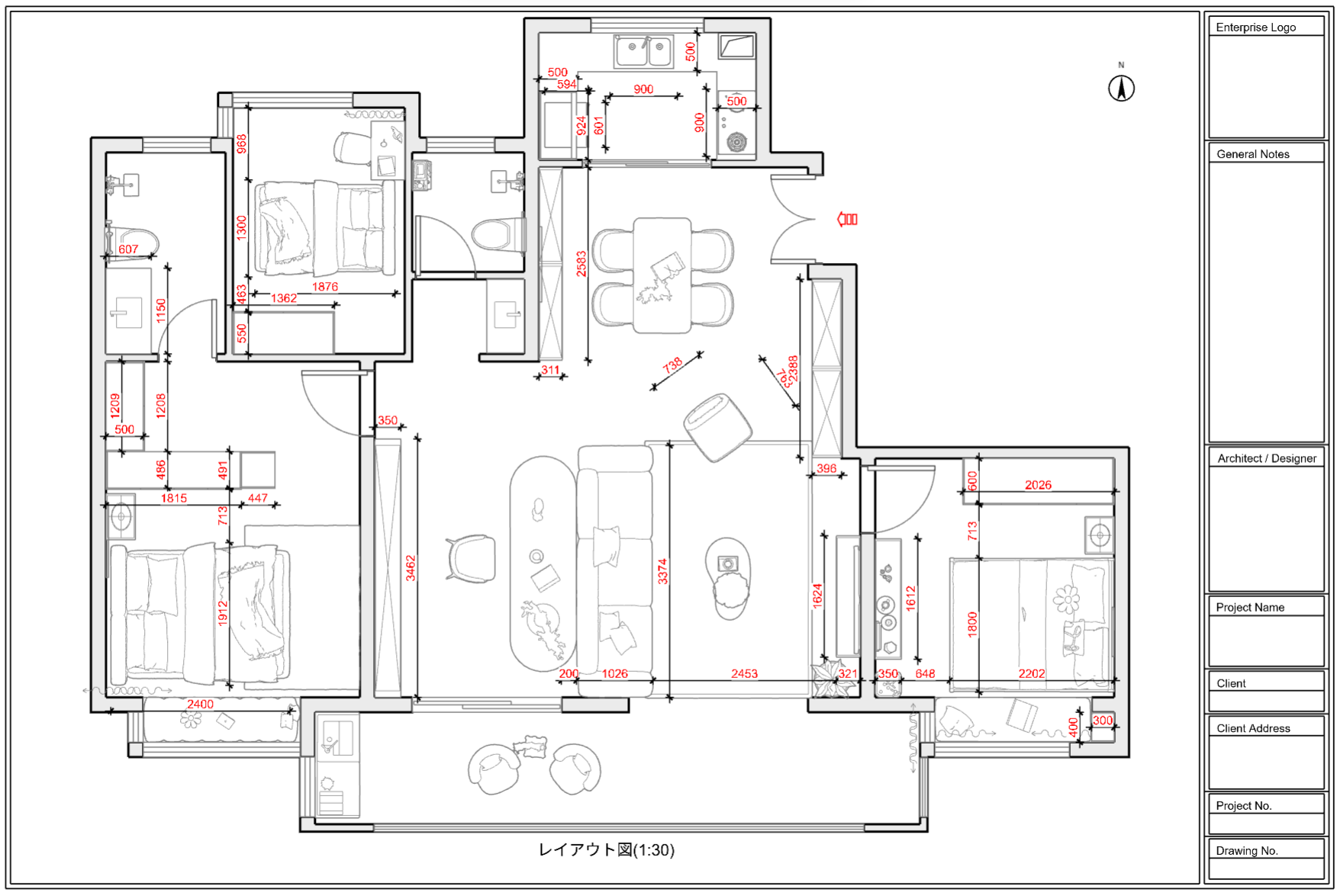 1. 画面/機能モジュール：レイアウト図（間取り図）
2. 标注指向のオブジェクト：図面内の各所に配置された「赤色の寸法数値」
3. 操作の役割：各部屋の幅、奥行き、および家具の配置寸法を具体的に指示し、設計上の正確なサイズを確認するために使用されます。