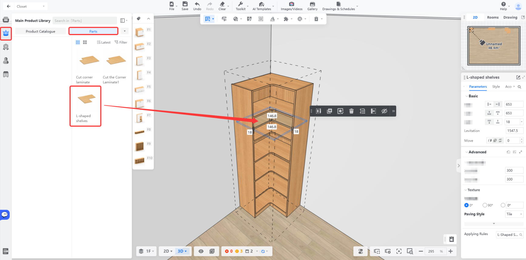 **Module:** Main Product Library > Parts

**Annotated Objects:**
1. **Red Box (Source):** "L-shaped shelves" component item.
2. **Red Arrow (Target):** The corresponding L-shaped shelf element within the 3D model workspace.

**Workflow Action:**
The annotation demonstrates the selection and placement of the "L-shaped shelves" part from the library into the 3D design scene to build the furniture structure.