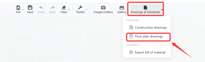 **Module:** Top Toolbar > Drawings & Schedules Menu

**Targeted Objects:**
1. **"Drawings & Schedules" button:** The primary menu trigger.
2. **"Floor plan drawings" menu item:** The specific option selected within the dropdown.

**Workflow Action:**
The user clicks the "Drawings & Schedules" button to open the dropdown menu, then selects "Floor plan drawings" to access or generate floor plan documentation.