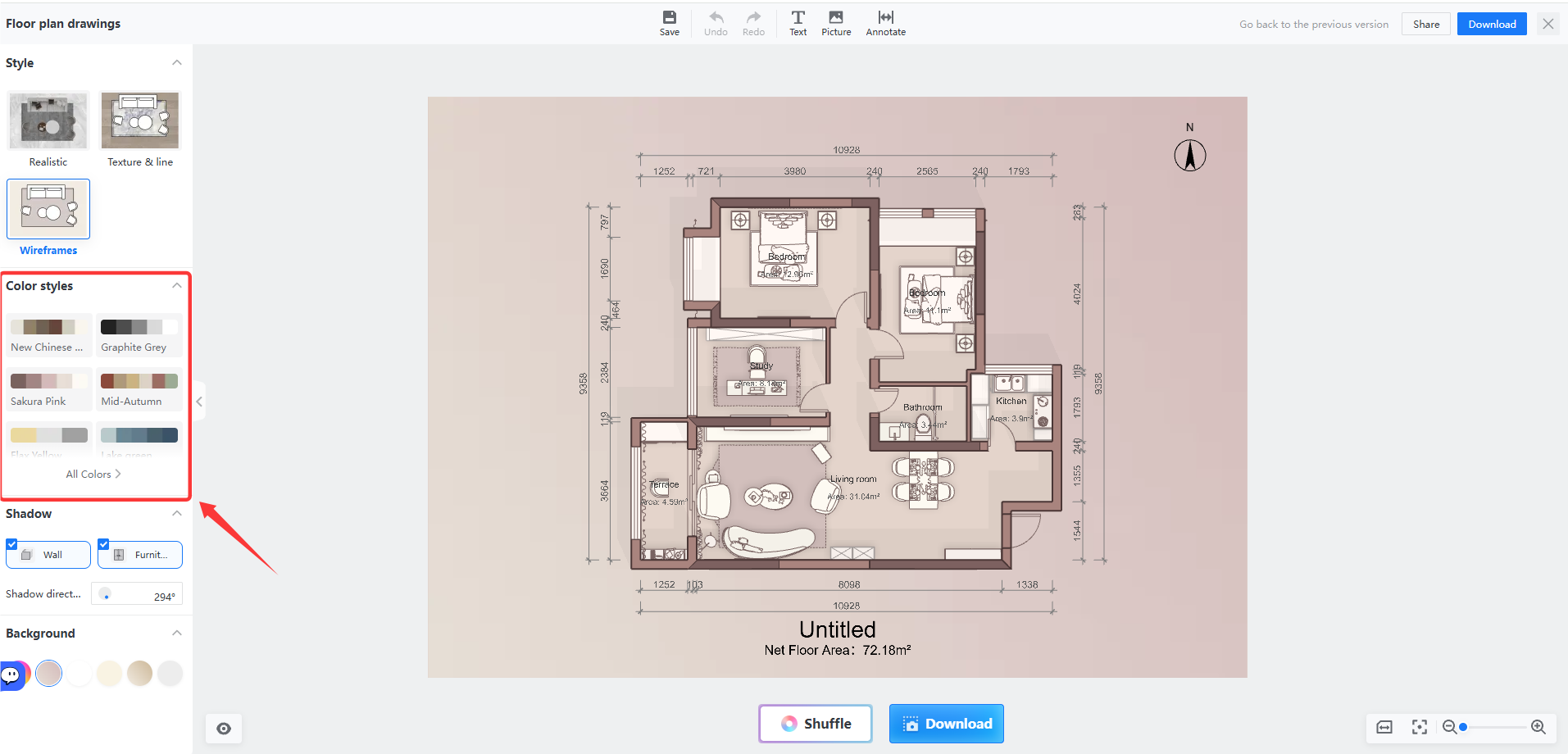 **Module:** Floor plan drawings > Style Panel

**Target Object:** "Color styles" section (indicated by the red box and arrow).

**Function:** Used to select and apply different color schemes (e.g., New Chinese, Graphite Grey, Sakura Pink) to the floor plan visualization.
