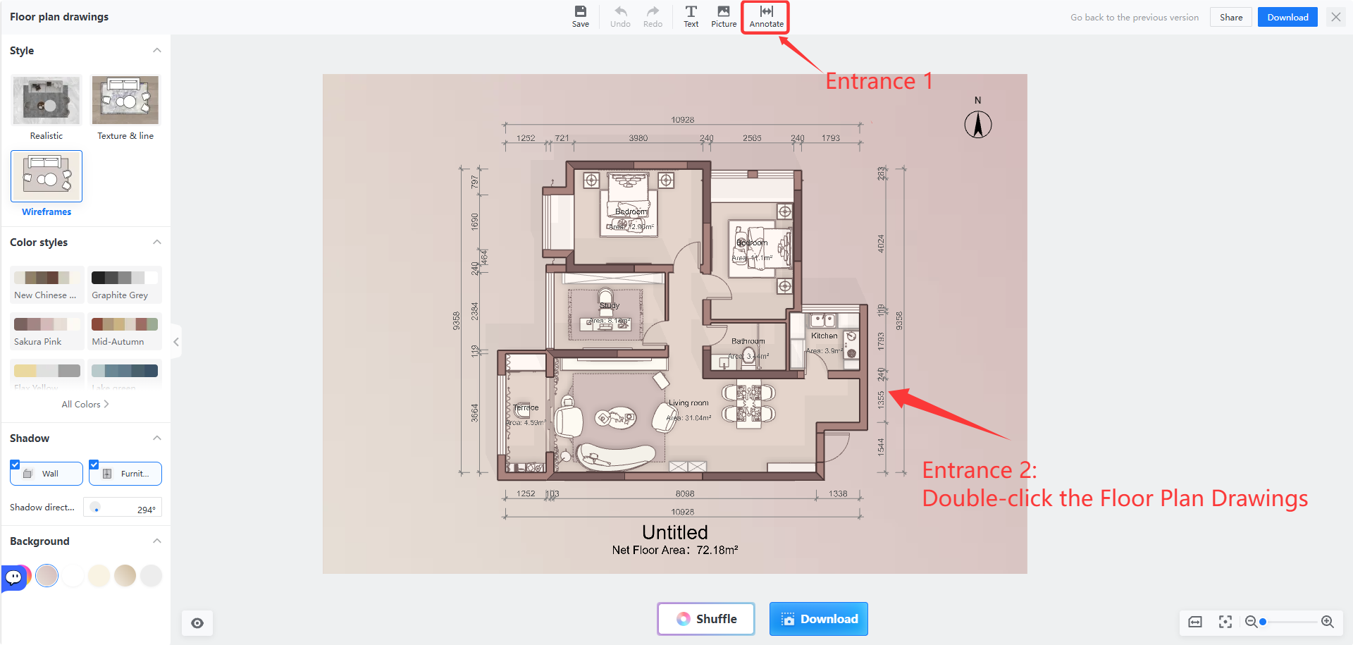 **Module:** Floor plan drawings > Editor

**Annotations:**
1. **Entrance 1 (Arrow):** Points to the **'Annotate' button** in the top toolbar. It is used to activate the annotation tool for adding notes or markers to the drawing.
2. **Entrance 2 (Arrow):** Points to the **Floor Plan Drawing canvas area**. The instruction "Double-click the Floor Plan Drawings" indicates that double-clicking the canvas is an alternative method to enter the annotation or editing mode.