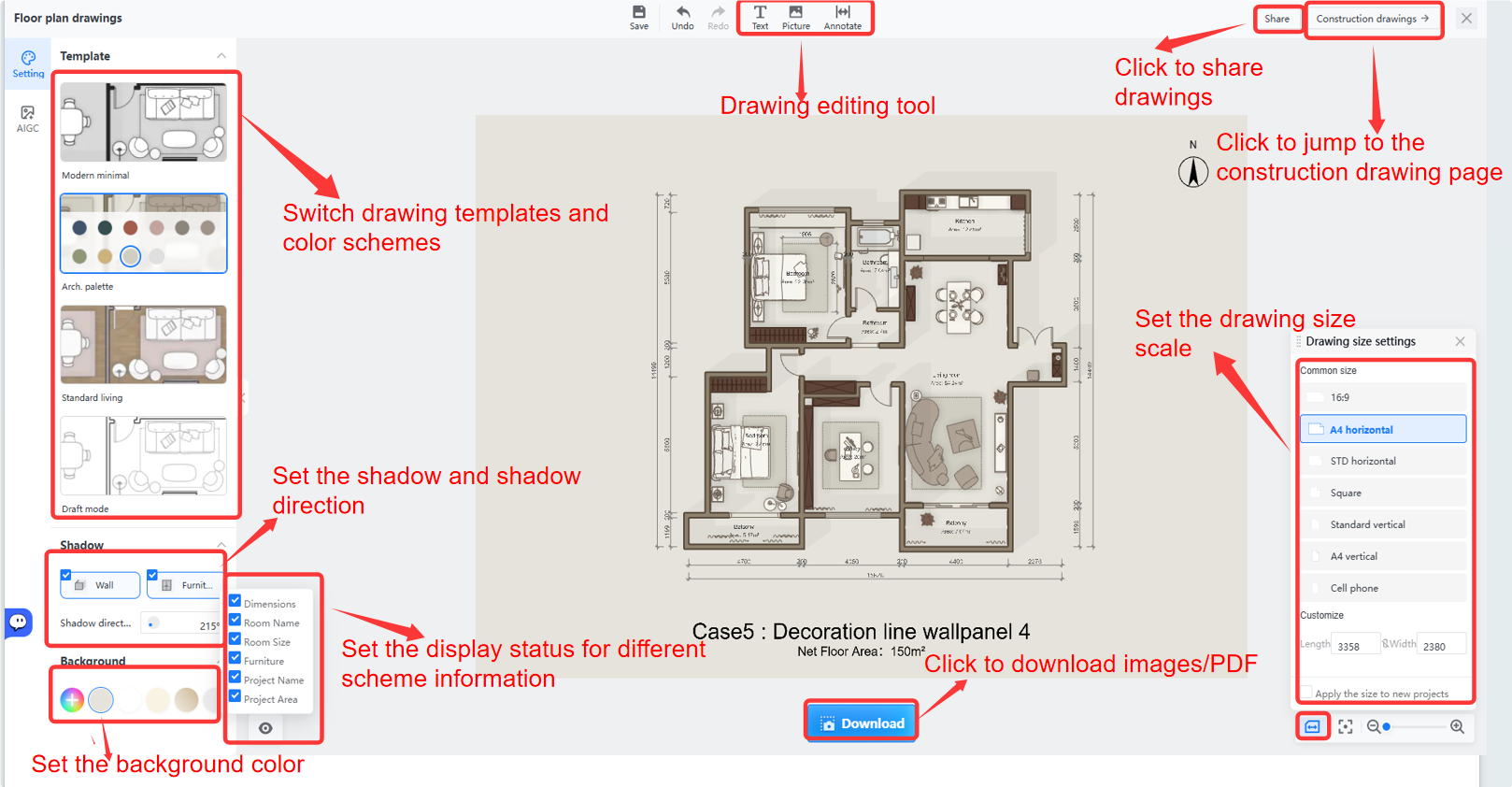 **Module:** Floor plan drawings > Editor Interface

**Guided Interactions:**
*   **Template Panel:** Used to switch drawing templates and color schemes.
*   **Shadow Panel:** Used to configure shadow effects and shadow direction.
*   **Background Panel:** Used to set the background color.
*   **Display Settings List:** Used to toggle the visibility of scheme information (e.g., Dimensions, Room Name).
*   **Drawing Editing Tool (Top Toolbar):** Used to access text, picture, and annotation tools.
*   **'Share' Button:** Used to share the current drawings.
*   **'Construction drawings' Button:** Used to jump to the construction drawing page.
*   **'Drawing size settings' Pop-up:** Used to set the drawing size scale (e.g., A4 horizontal).
*   **'Download' Button:** Used to download the final output as images or PDF.