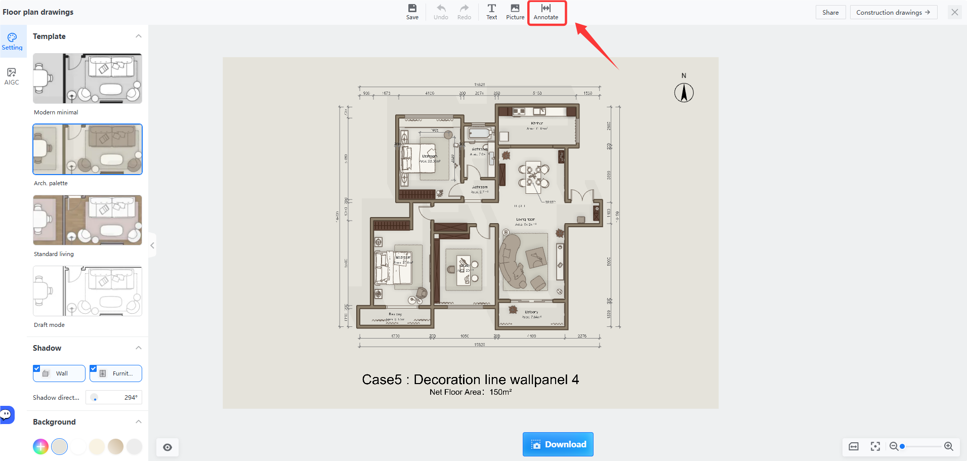 **Module:** Floor plan drawings > Top Toolbar

**Target Object:** 'Annotate' button

**Action/Purpose:** Used to activate the annotation tool for adding dimensions or notes to the floor plan.