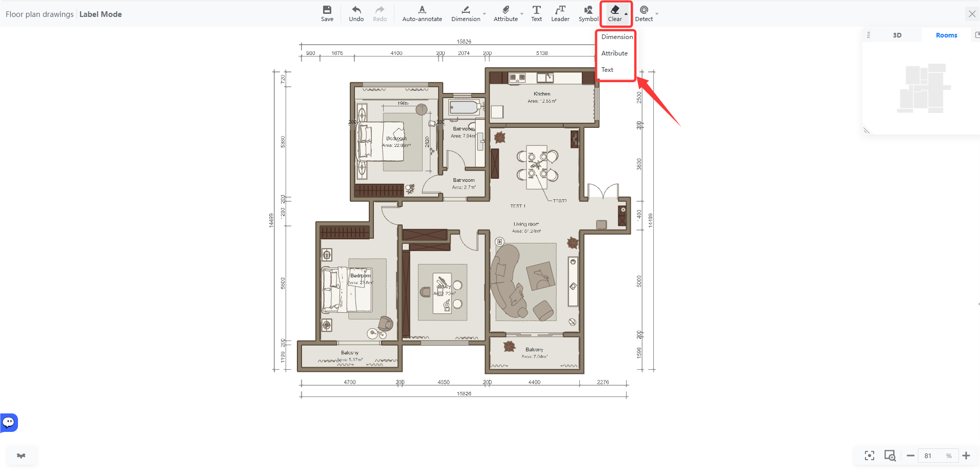 **Module:** Floor plan drawings > Label Mode (Top Toolbar)

**Target Object:** The dropdown menu triggered by the "Clear" button, specifically highlighting the options "Dimension", "Attribute", and "Text".

**Function:** Used to select the specific type of label or annotation (Dimension, Attribute, or Text) that the user wishes to clear from the floor plan.