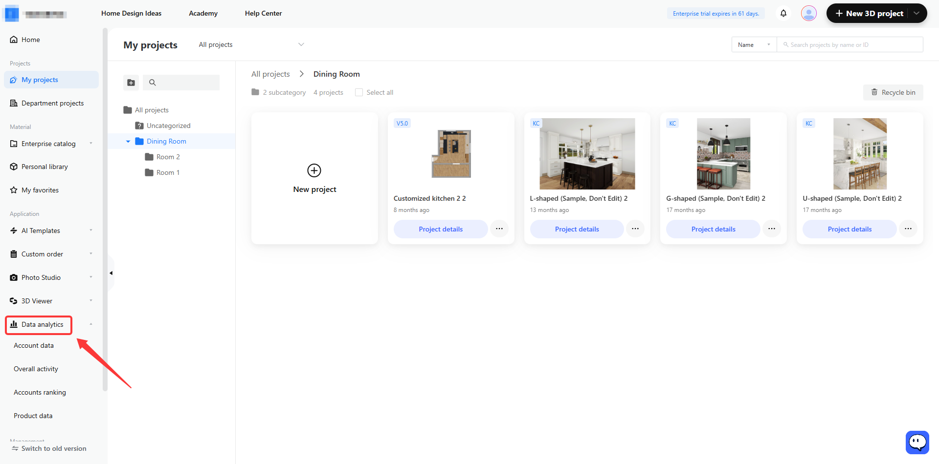 **Module:** Main Navigation Menu > Application Section

**Target Object:** "Data analytics" menu item

**Function:** Used to access the data analytics dashboard for monitoring account performance and activity metrics.