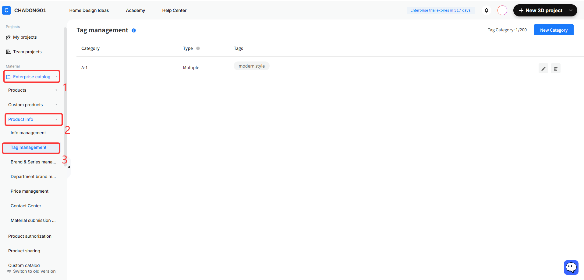 **Module:** Material > Enterprise catalog

**Workflow Steps:**
1. **'Enterprise catalog' menu item:** Selects the enterprise-level material catalog.
2. **'Product info' menu item:** Expands the product information sub-menu.
3. **'Tag management' menu item:** Navigates to the Tag Management page to manage category tags and types.