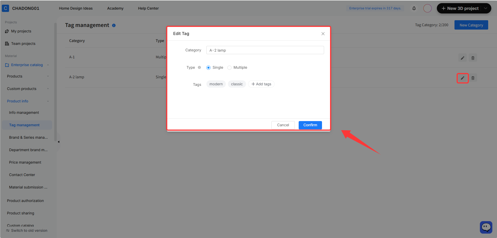 **Module:** Product info > Tag management

**Annotations:**
1. **Red Box:** The "Edit Tag" pop-up window. It is used to modify the category name, selection type (Single/Multiple), and associated tags for a specific entry.
2. **Red Box (Small):** The "Edit" (pencil) icon button. It is used to trigger the "Edit Tag" pop-up for the selected tag row.
3. **Red Arrow:** Points to the "Edit Tag" pop-up window, indicating the result of clicking the edit button.