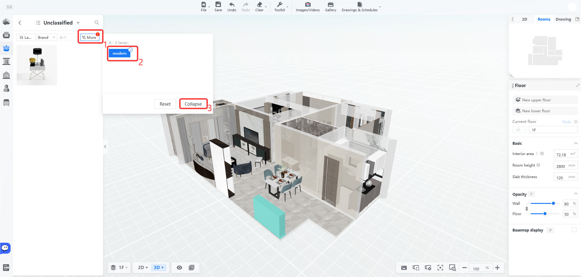 **Module:** Asset Library > Item Filter/Details Panel

**Workflow Steps:**
1. **'More' button:** Clicked to expand advanced filtering or detailed attribute options for the selected asset.
2. **'modern' tag/option:** Selected to filter assets by a specific style (Modern) or to assign this style attribute to the item.
3. **'Collapse' button:** Clicked to hide the expanded detail panel and return to the simplified view.