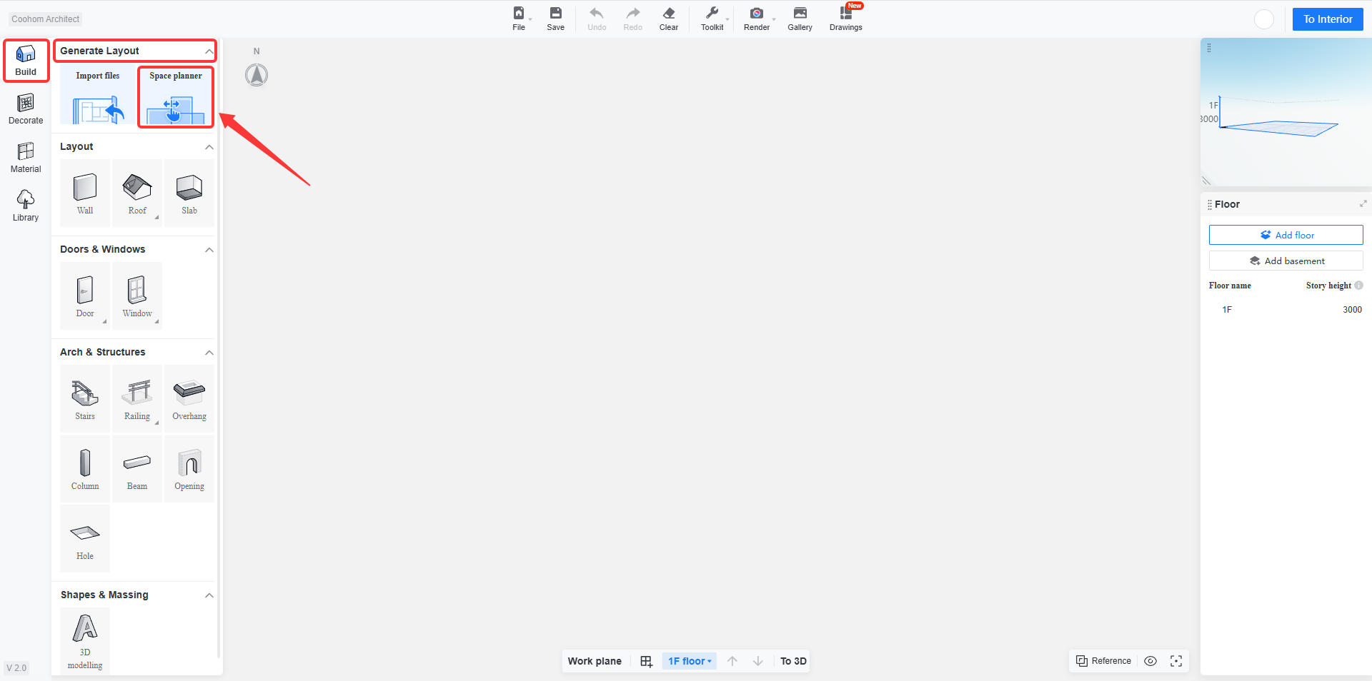 1. Interface/function module: Build > Generate Layout
2. Annotation target: "Space planner" button (pointed to by a red arrow and highlighted with a red frame)
3. Function: Used to launch the space planning feature to generate building layouts automatically or semi-automatically.