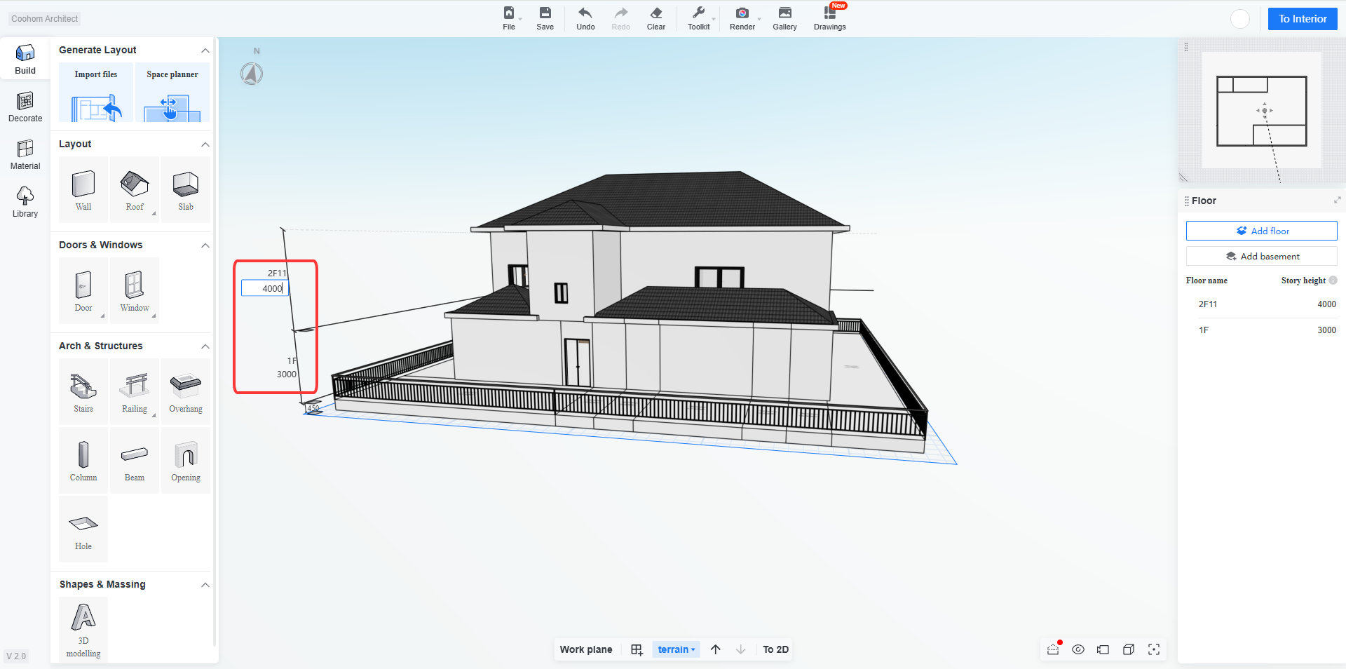 1. Interface/Functional Module: 3D Modeling Editor > Floor Height Annotation
2. Annotation Target: Red-framed "Floor Height Value Area" (including 2F11: 4000 and 1F: 3000)
3. Function: Used to intuitively display and confirm the specific floor height values of different building floors (1F and 2F11).