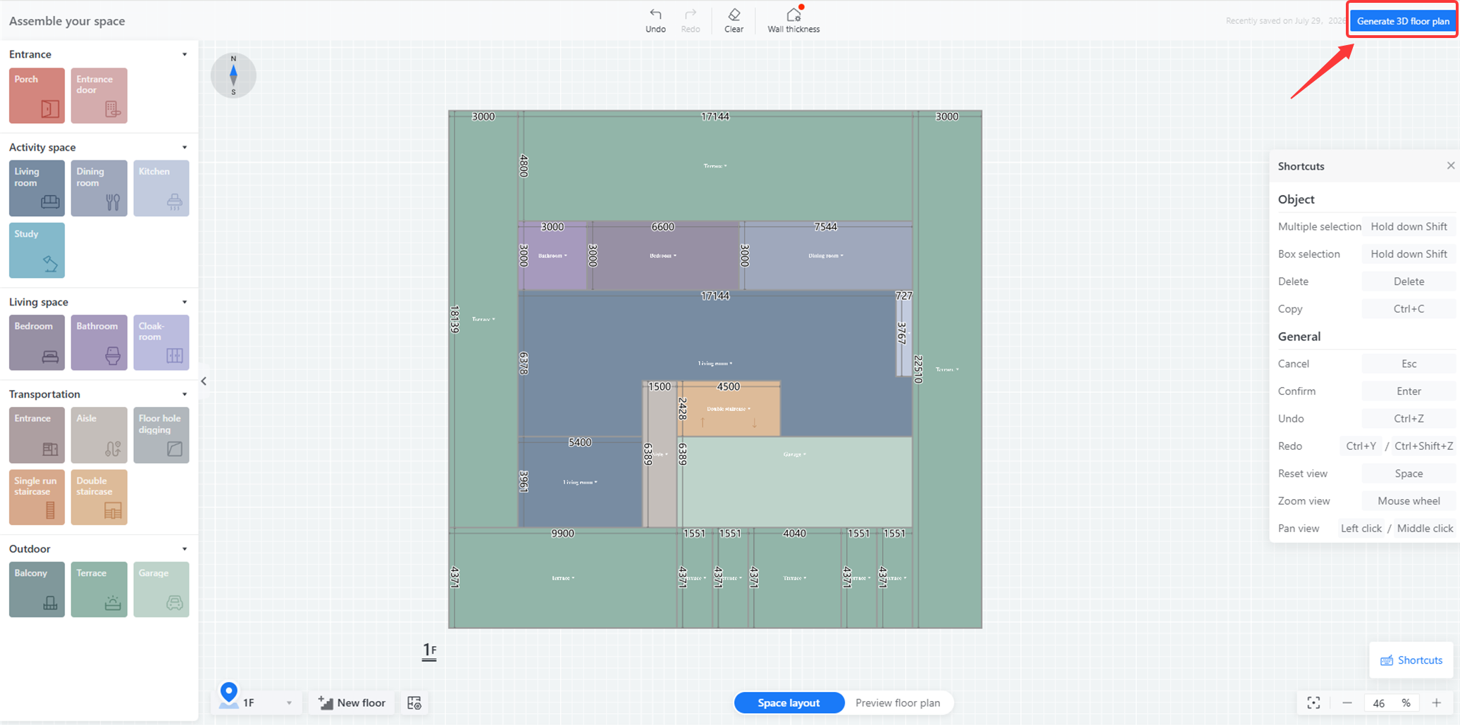 1. Interface/Functional module: Assemble your space > Top toolbar
2. Annotation target: "Generate 3D floor plan" button
3. Operation: Used to generate a 3D floor plan from the currently edited 2D layout.